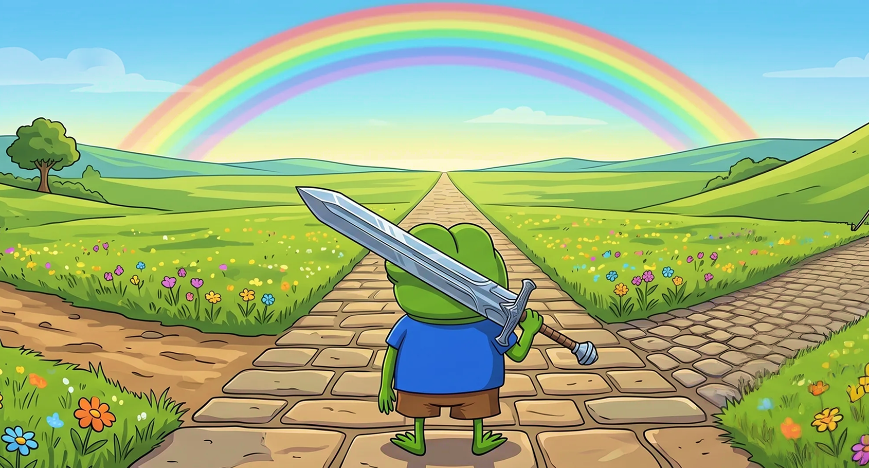 Frog warrior on yellow brick road with rainbow